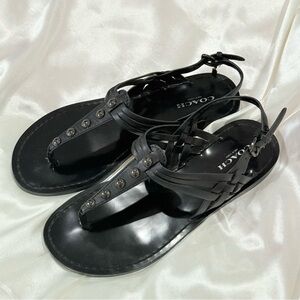 Coach Caleigh Sandals T Strap Studded Thong Patent Leather Size 6 Black Summer